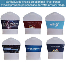 Charger l'image dans la galerie, BANDEAU SPANDEX LYCRA POUR CHAISE PERSONNALISABLE COULEUR ET LOGO